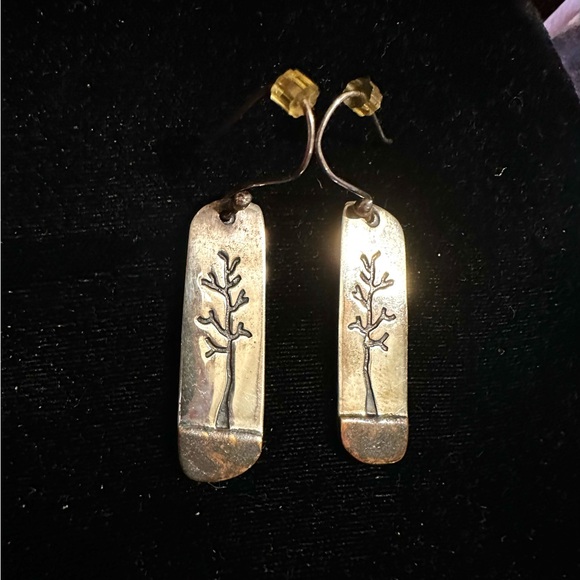 Jewelry - Sterling Silver & Copper Etched Tree Design Dangle Earrings 1.25" Mexico